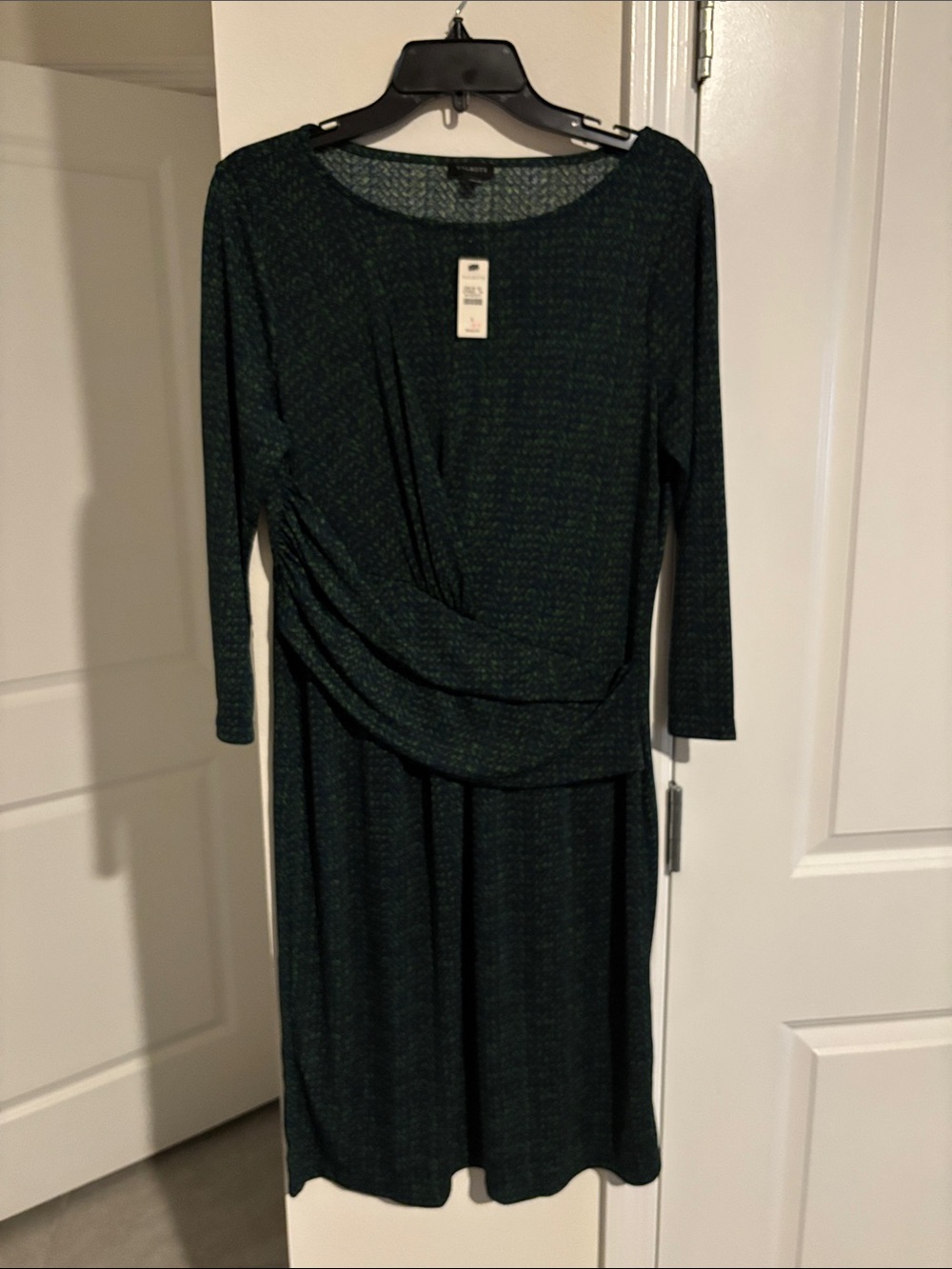 Talbots Dark Green Long Sleeve Ruched Waist Midi Dress